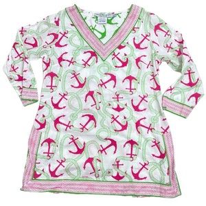 Gretchen Scott Designs nautical boat anchor pink green tunic top. Size Small